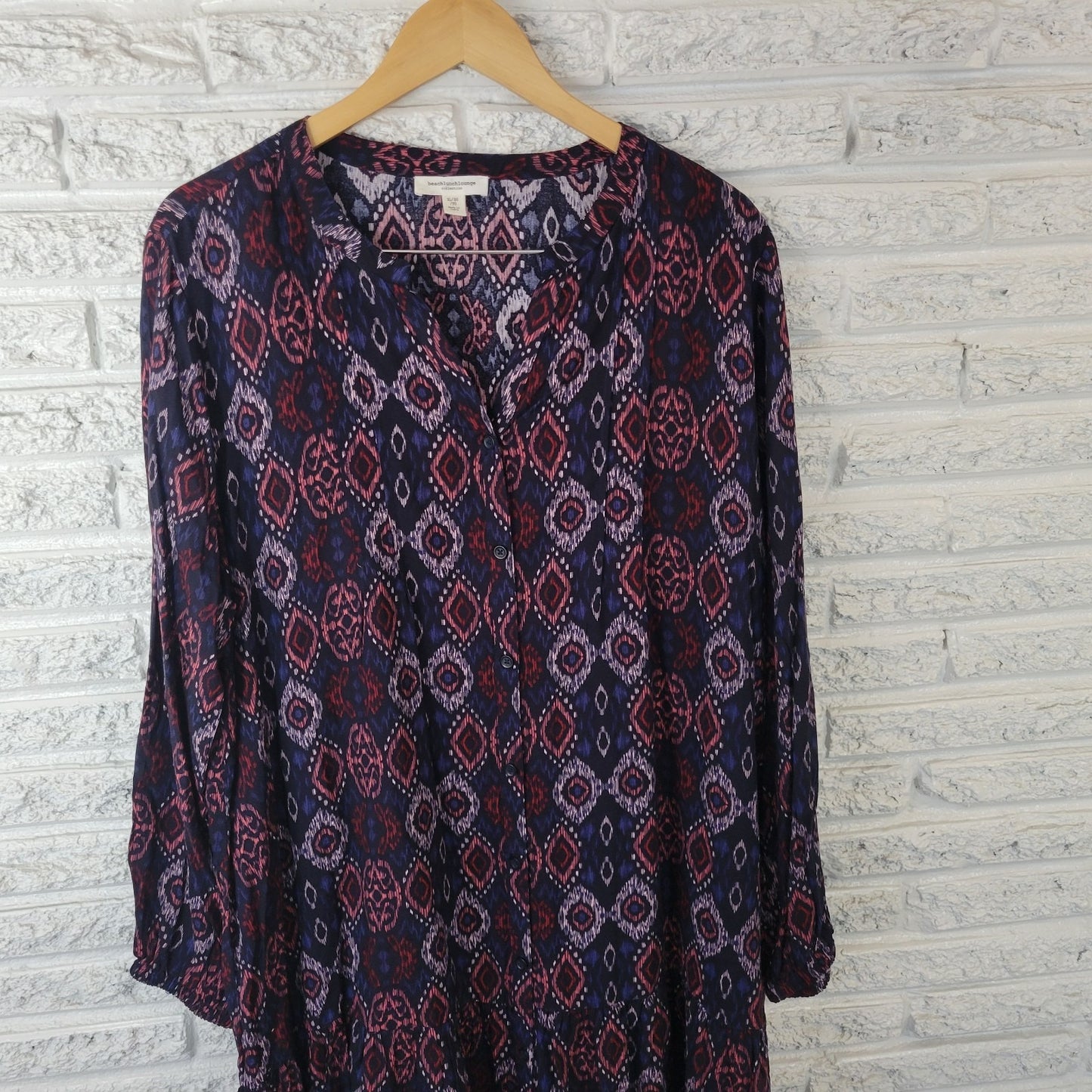 Beach Lunch Lounge Womens Dress XL Long Sleeve Blue Geometric Ruffle Viscose