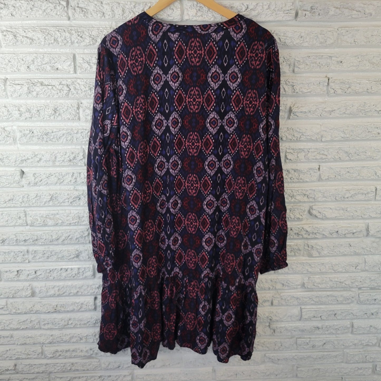 Beach Lunch Lounge Womens Dress XL Long Sleeve Blue Geometric Ruffle Viscose