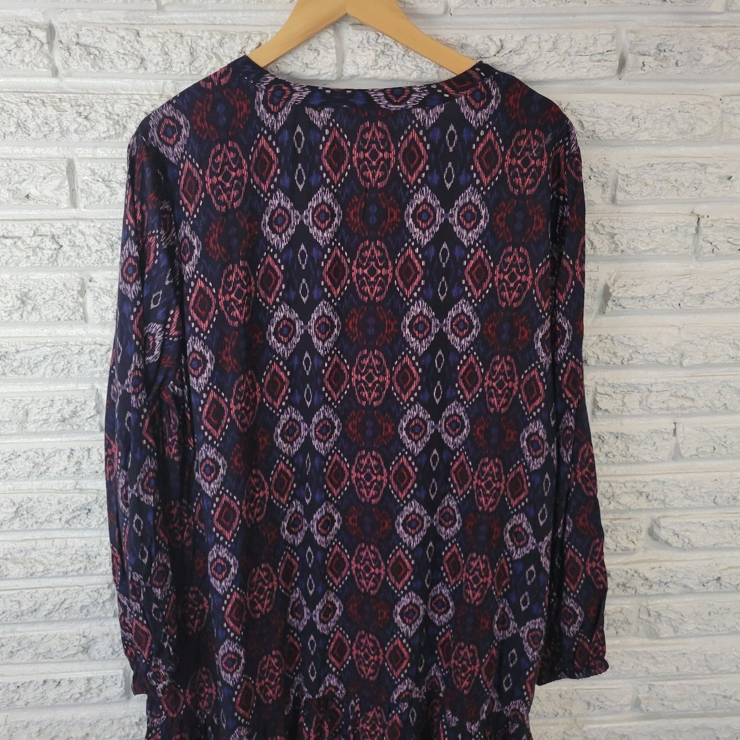 Beach Lunch Lounge Womens Dress XL Long Sleeve Blue Geometric Ruffle Viscose