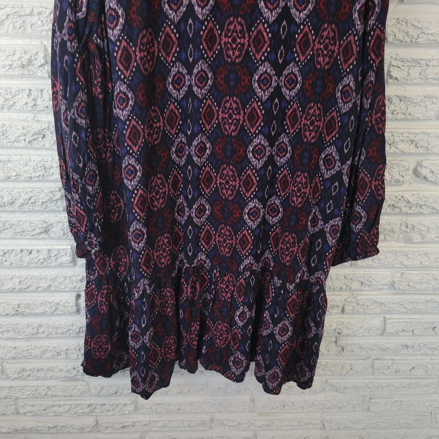 Beach Lunch Lounge Womens Dress XL Long Sleeve Blue Geometric Ruffle Viscose