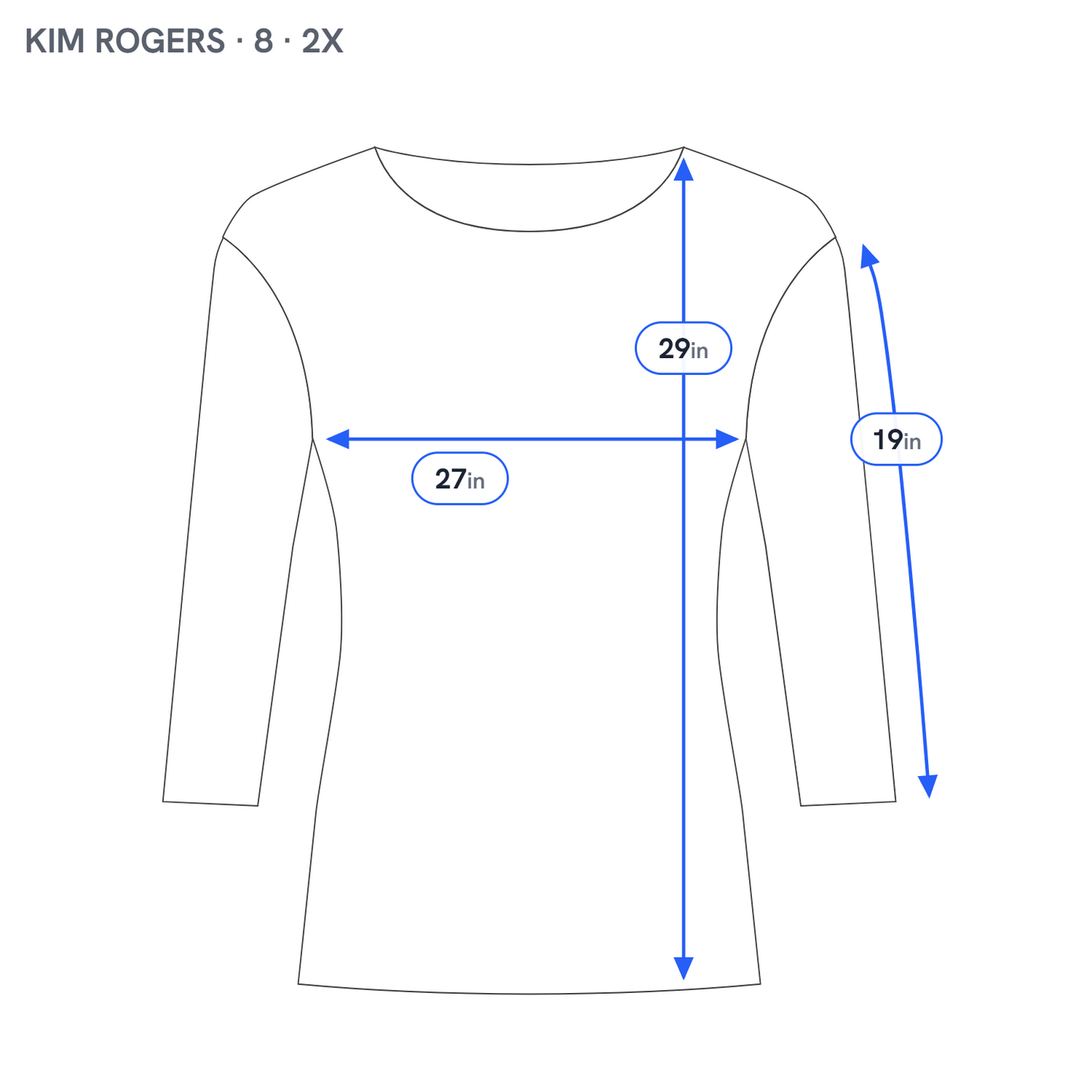 Kim Rogers 2X Plus Blue Cotton Heart Tee Crew Neck 3/4 Sleeve Knit BLU3E