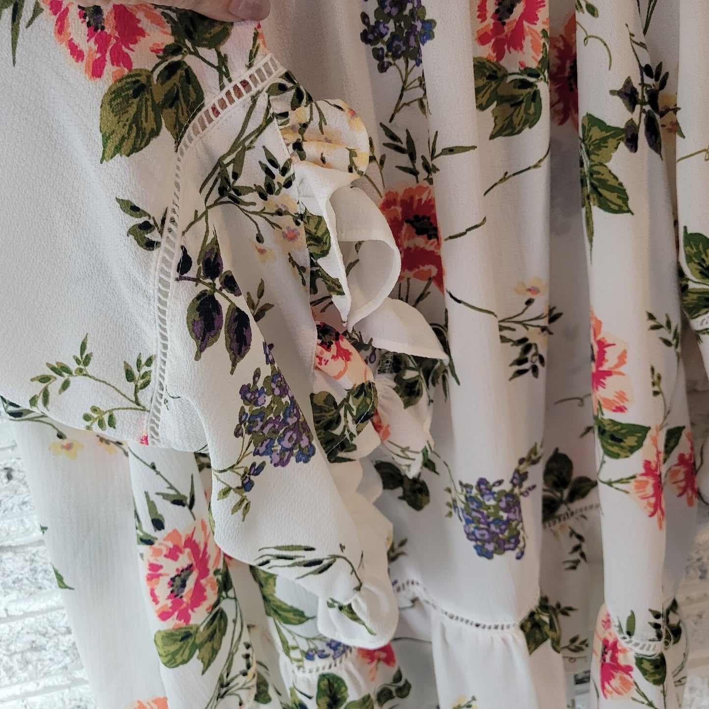 Fever Womens Top 1X Plus Double Bell Sleeve Pink Green Floral On Off Shoulder