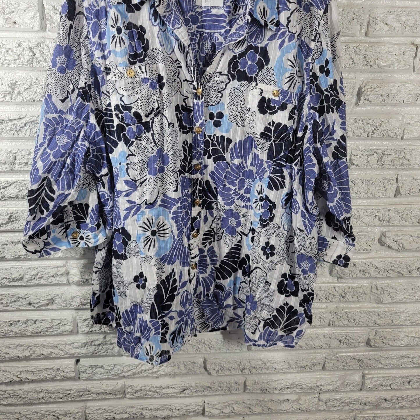 Avenue Perfect Shirt Womens Top 30 32 Roll Tab Sleeve Blue Floral Sheer Cotton