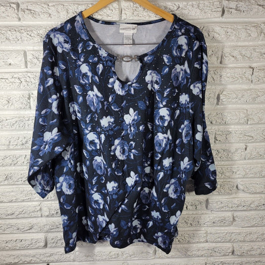 Rebecca Malone Women Top 3X Tunic 3/4 Sleeve Blue Roses Keyhole Rhinestones