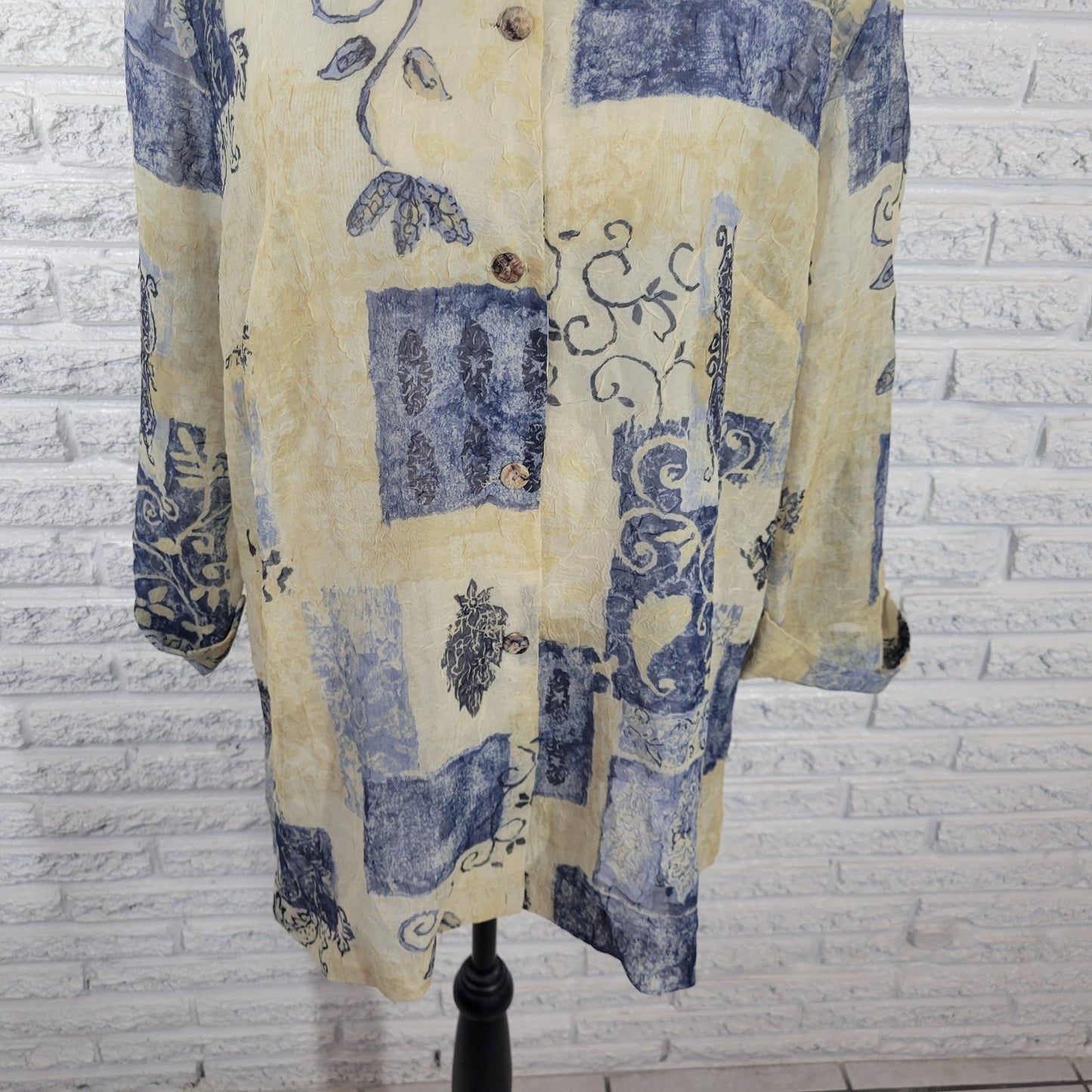 Dress Barn Women's 18W Plus Blue Geometric Sheer Button-Up Top 3/4 Sleeve Collar