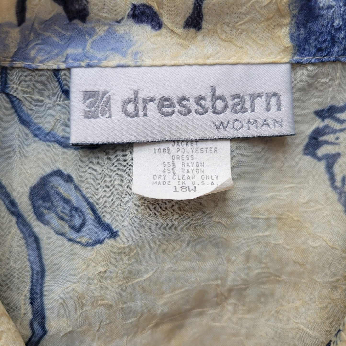 Dress Barn Women's 18W Plus Blue Geometric Sheer Button-Up Top 3/4 Sleeve Collar