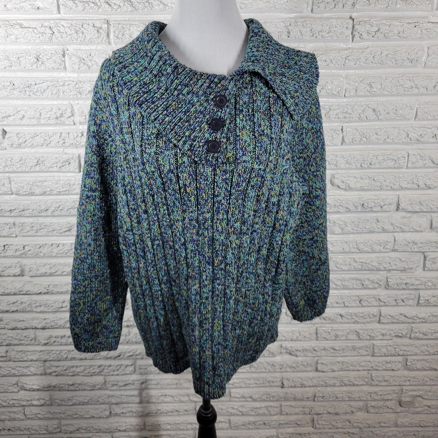 CJ Banks Womens Sweater 1X Plus 3/4 Sleeve Blue Green Marled Soft Collar Office