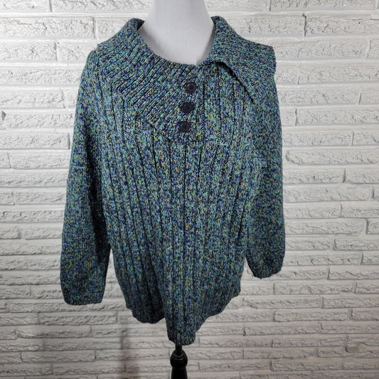 CJ Banks Womens Sweater 1X Plus 3/4 Sleeve Blue Green Marled Soft Collar Office