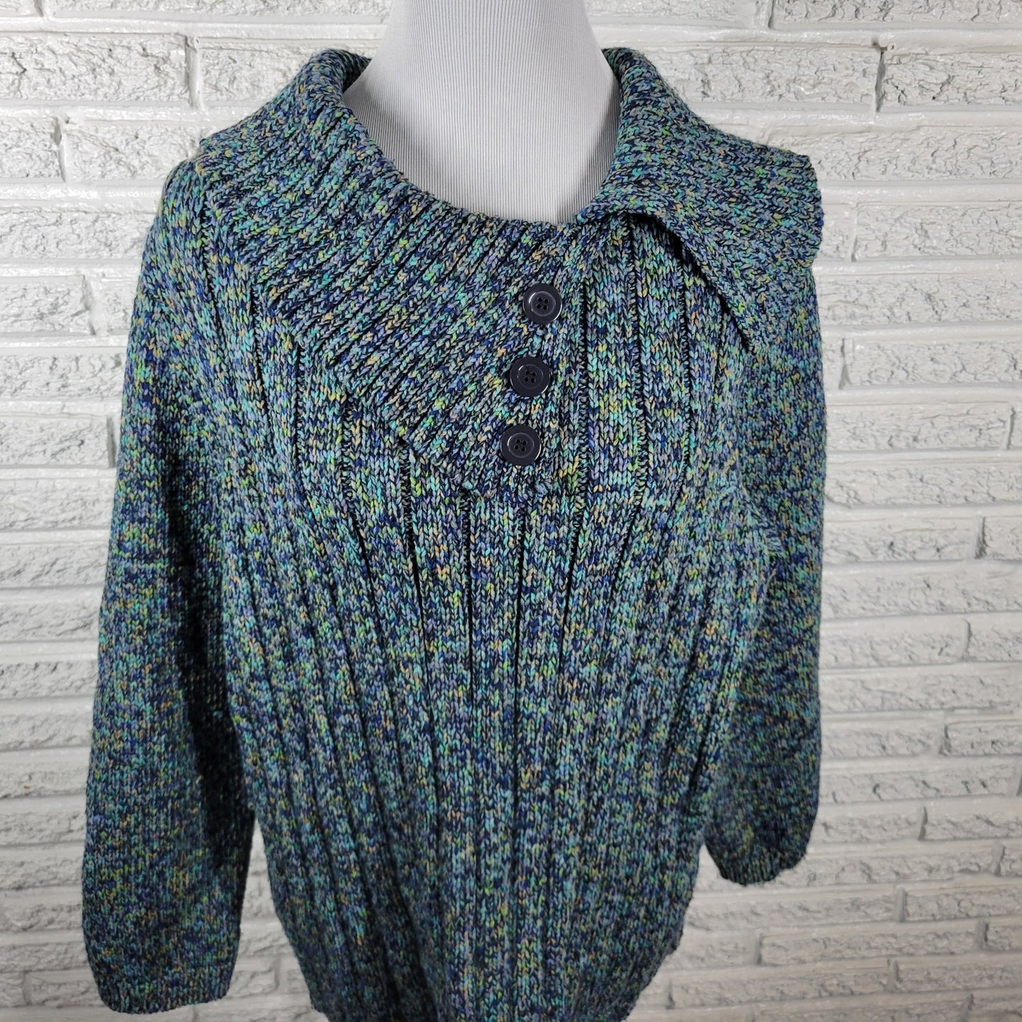 CJ Banks Womens Sweater 1X Plus 3/4 Sleeve Blue Green Marled Soft Collar Office