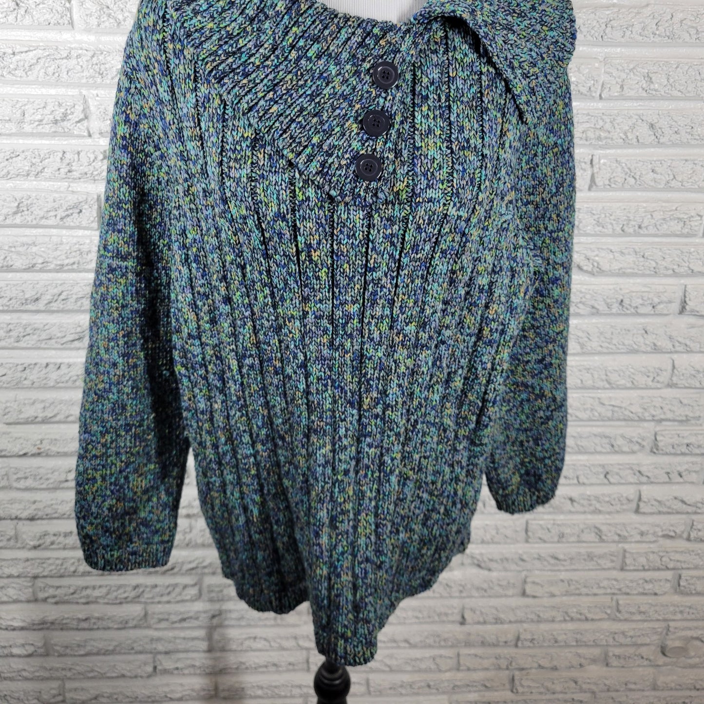 CJ Banks Womens Sweater 1X Plus 3/4 Sleeve Blue Green Marled Soft Collar Office