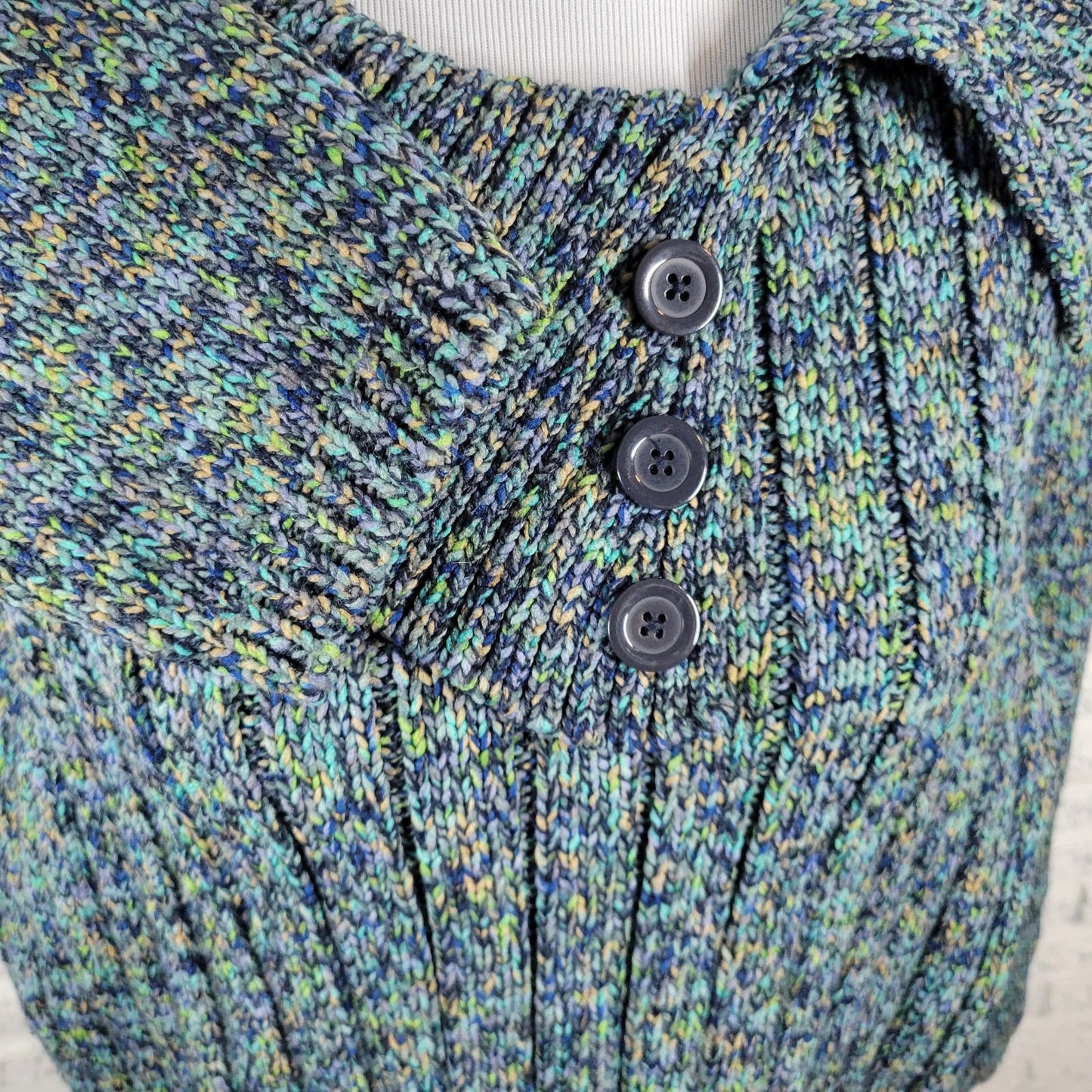 CJ Banks Womens Sweater 1X Plus 3/4 Sleeve Blue Green Marled Soft Collar Office
