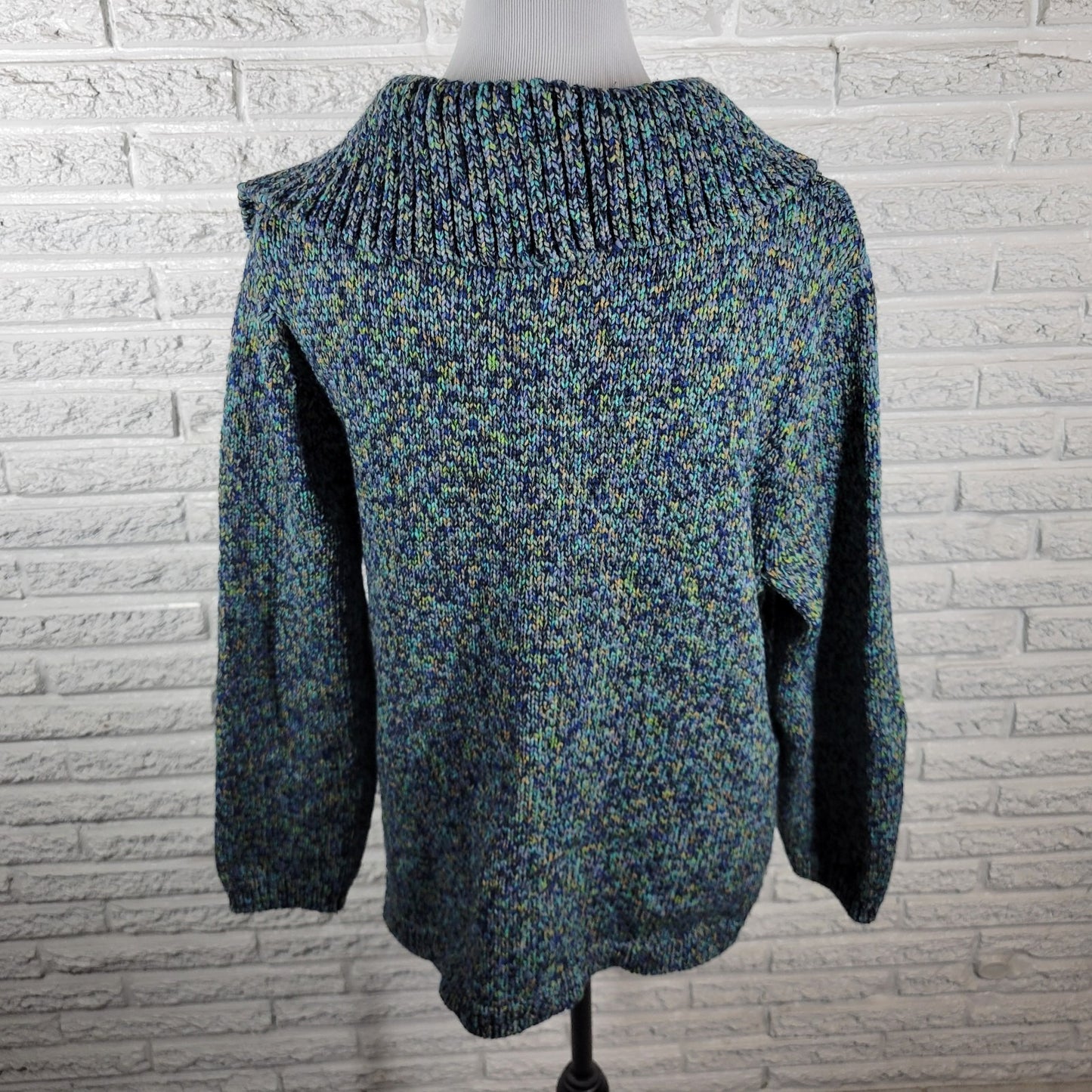 CJ Banks Womens Sweater 1X Plus 3/4 Sleeve Blue Green Marled Soft Collar Office