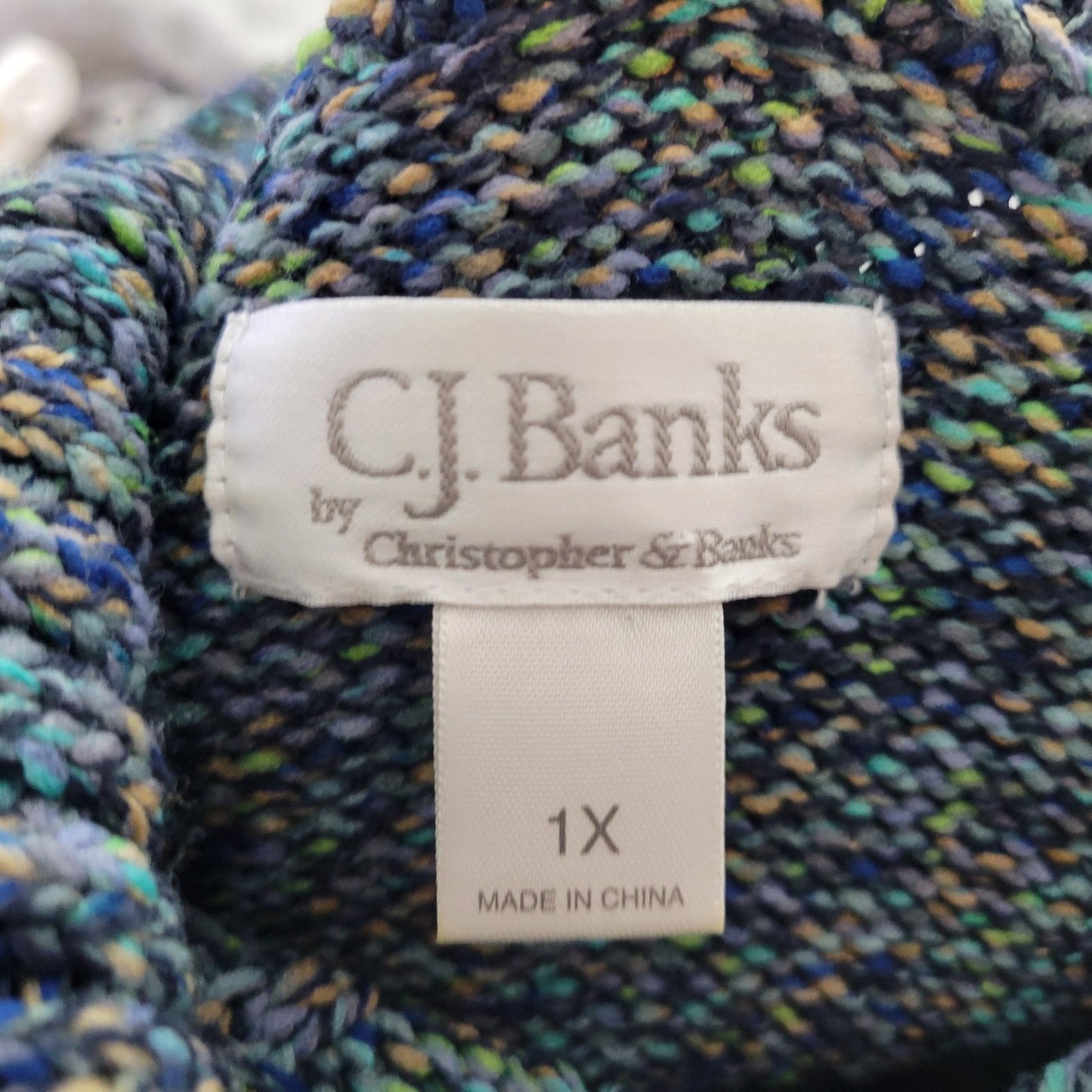 CJ Banks Womens Sweater 1X Plus 3/4 Sleeve Blue Green Marled Soft Collar Office