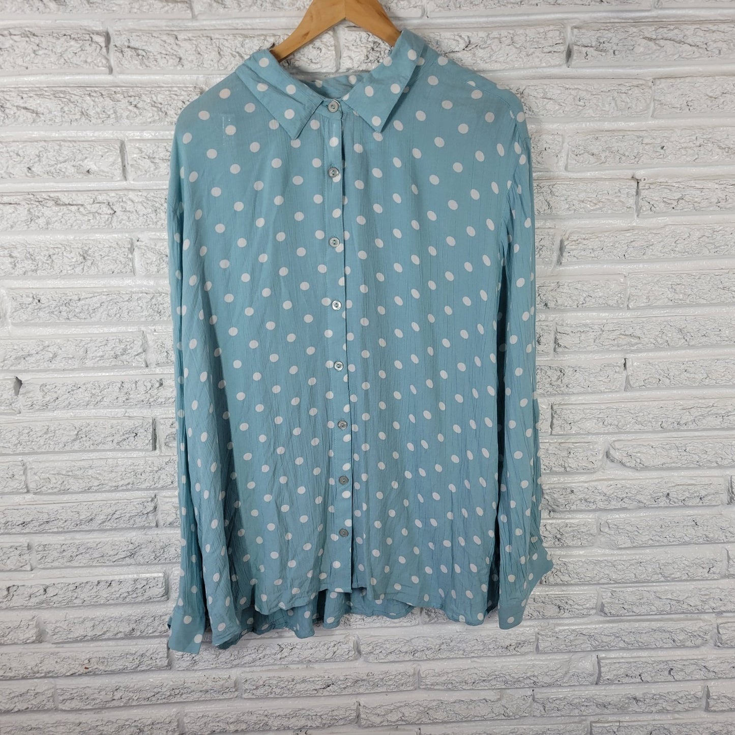 North Style Womens Top 3X Plus Roll Tab Sleeve Blue Polka Dot Rayon Casual