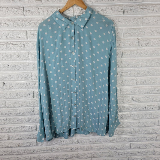 North Style Womens Top 3X Plus Roll Tab Sleeve Blue Polka Dot Rayon Casual