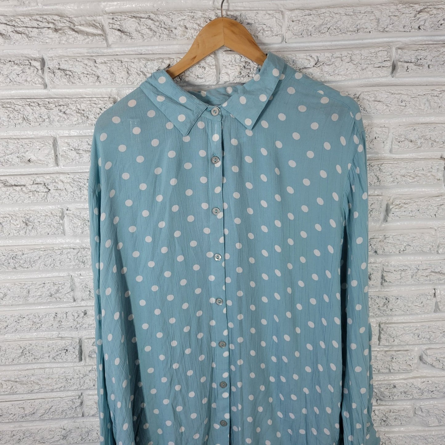 North Style Womens Top 3X Plus Roll Tab Sleeve Blue Polka Dot Rayon Casual