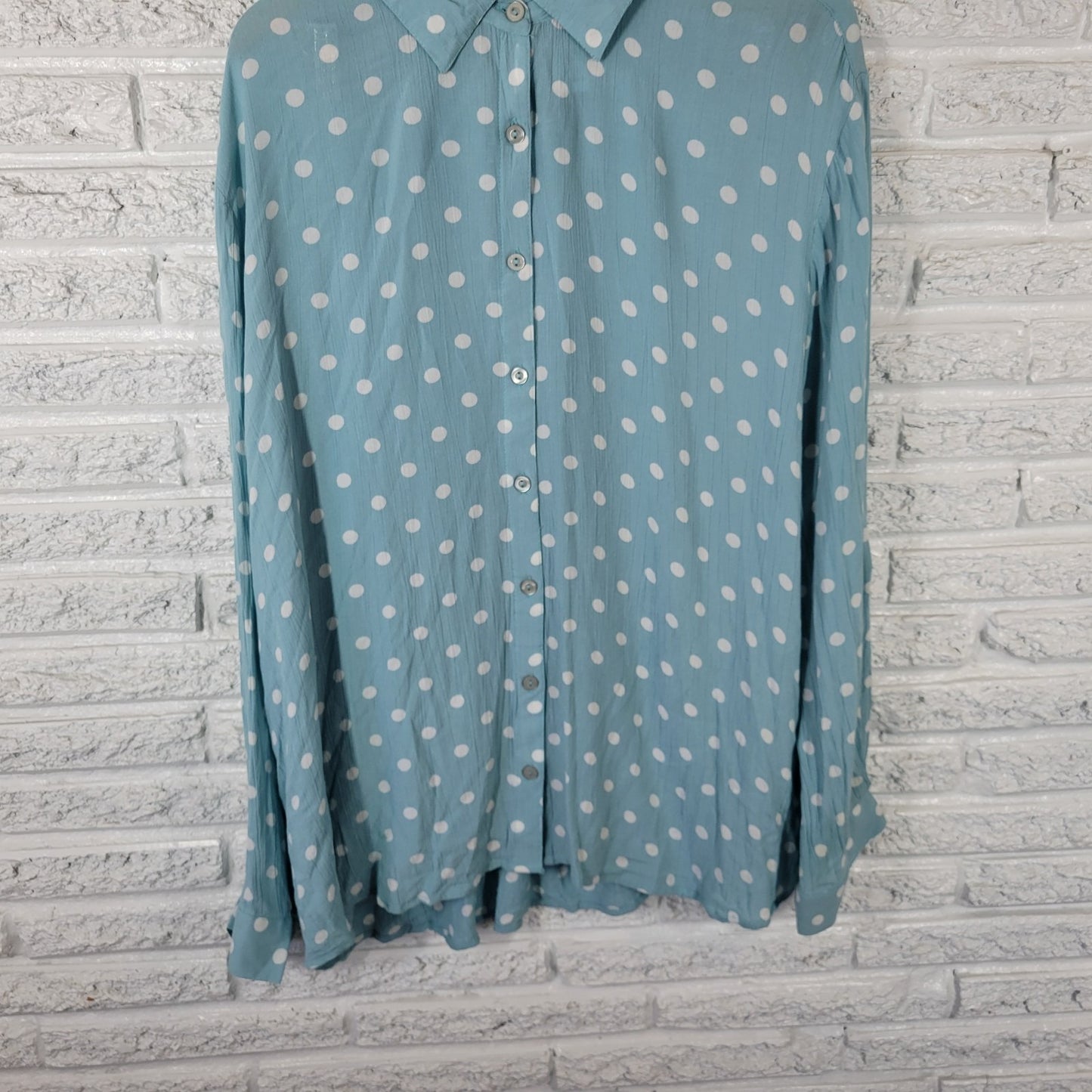 North Style Womens Top 3X Plus Roll Tab Sleeve Blue Polka Dot Rayon Casual