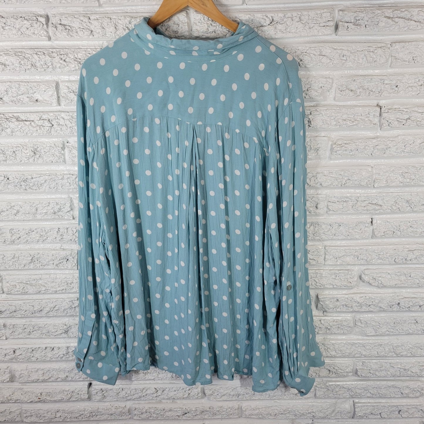 North Style Womens Top 3X Plus Roll Tab Sleeve Blue Polka Dot Rayon Casual