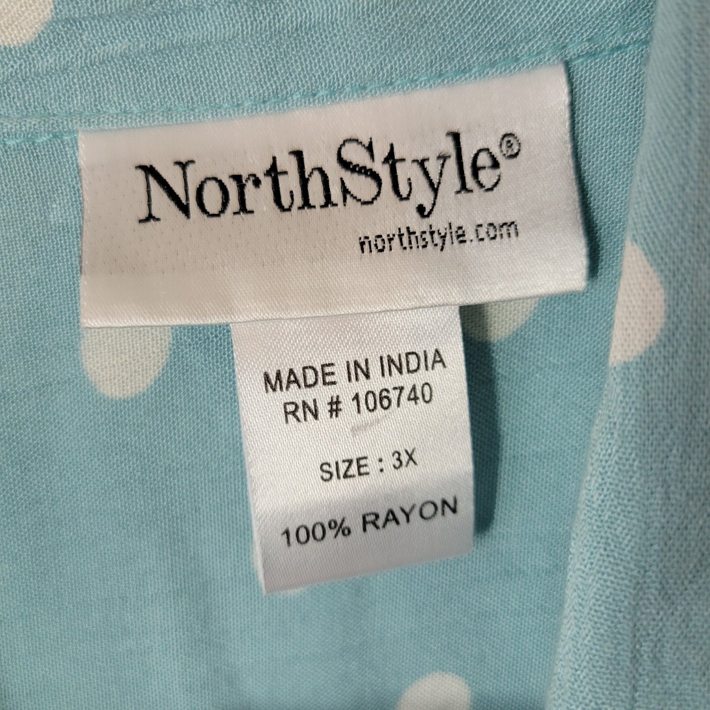 North Style Womens Top 3X Plus Roll Tab Sleeve Blue Polka Dot Rayon Casual