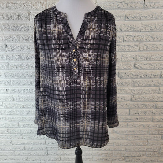 Investments II Womens Top 1X Plus Roll Tab Sleeve Polyester Gray Plaid Button