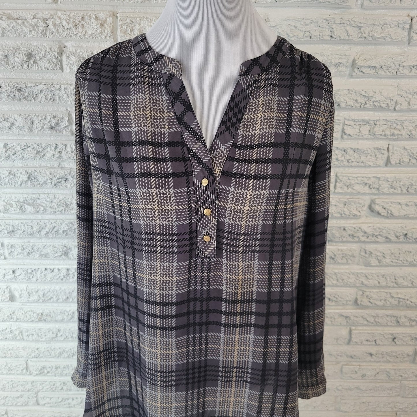 Investments II Womens Top 1X Plus Roll Tab Sleeve Polyester Gray Plaid Button