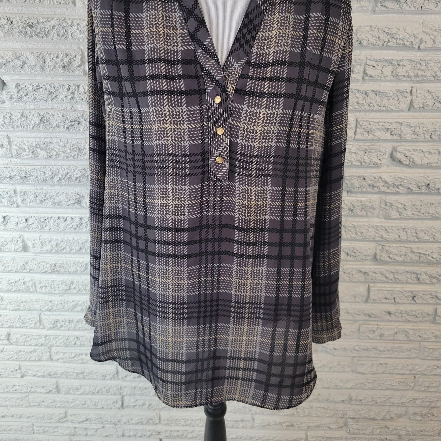 Investments II Womens Top 1X Plus Roll Tab Sleeve Polyester Gray Plaid Button