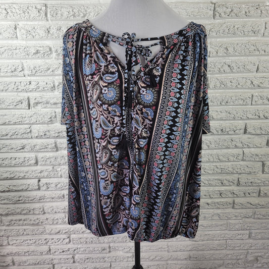 Liz Claiborne Womens Top 2X Plus Short Sleeve Blue Paisley Keyhole Poly Blend
