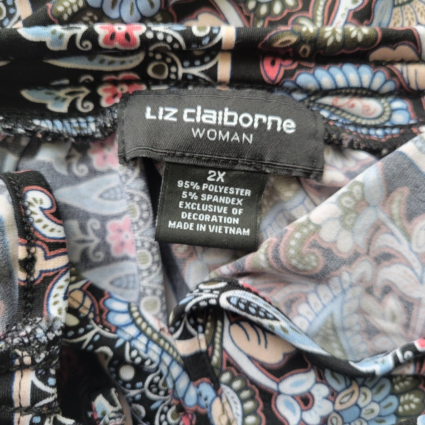 Liz Claiborne Womens Top 2X Plus Short Sleeve Blue Paisley Keyhole Poly Blend