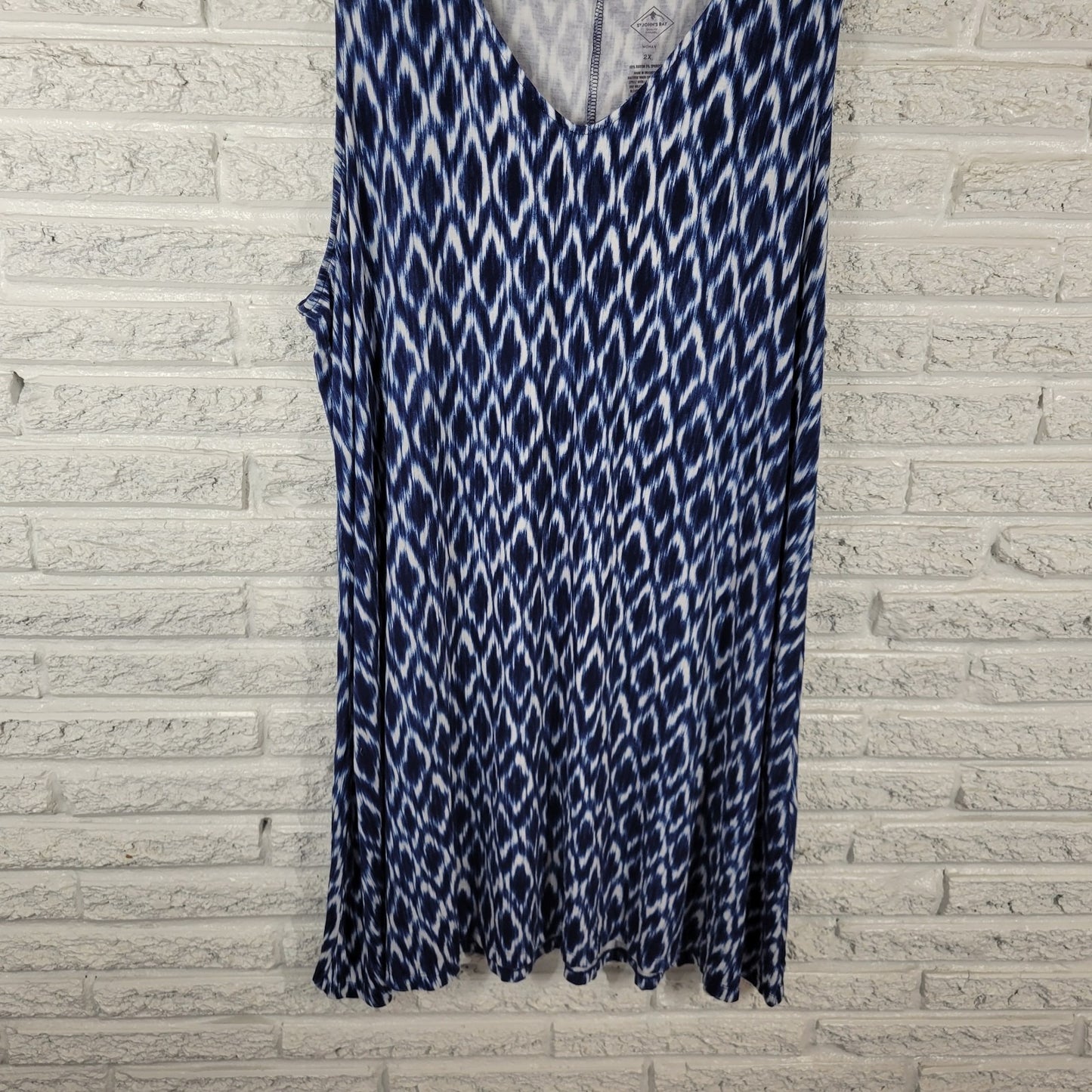 St Johns Bay Women Dress 2X Plus Tank Mini Blue Diamonds Watercolor Comfy Casual