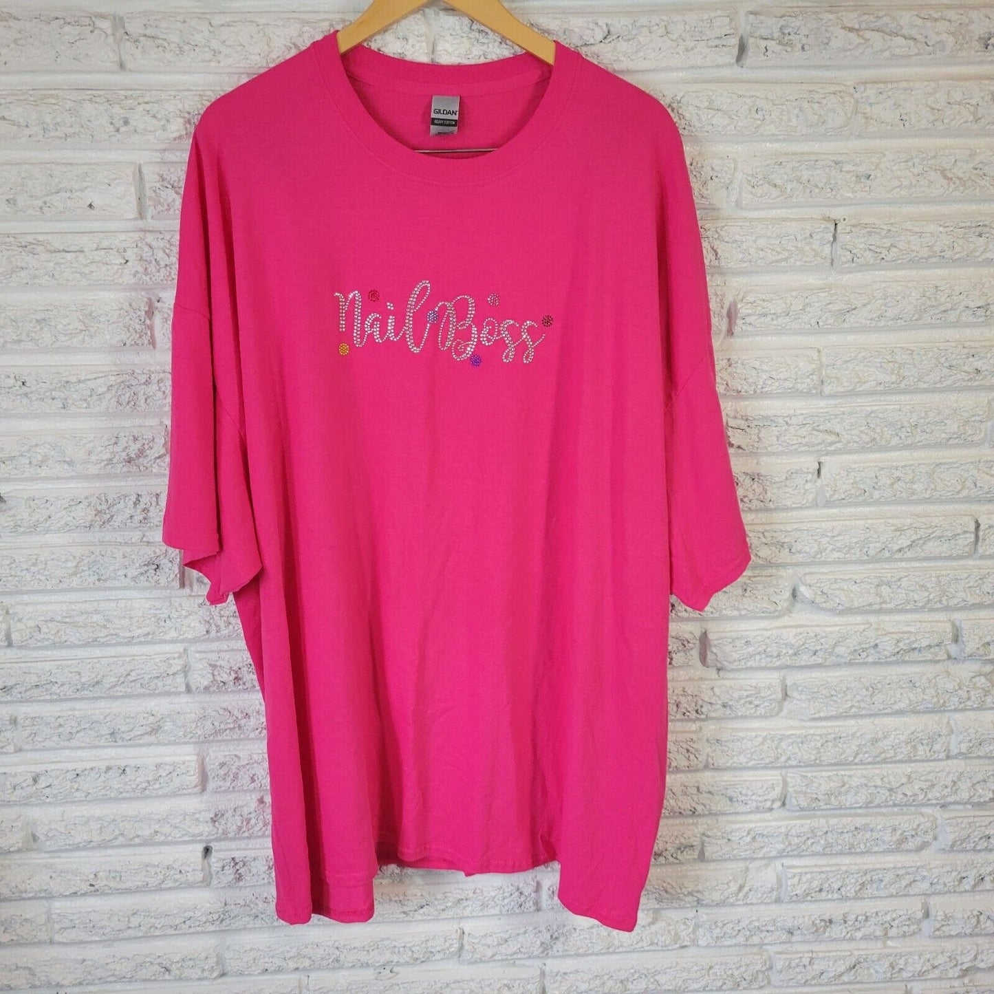 Nail Boss Womens Top 4XL Plus Tee Short Sleeve Pink Rhinestones Comfy Cotton