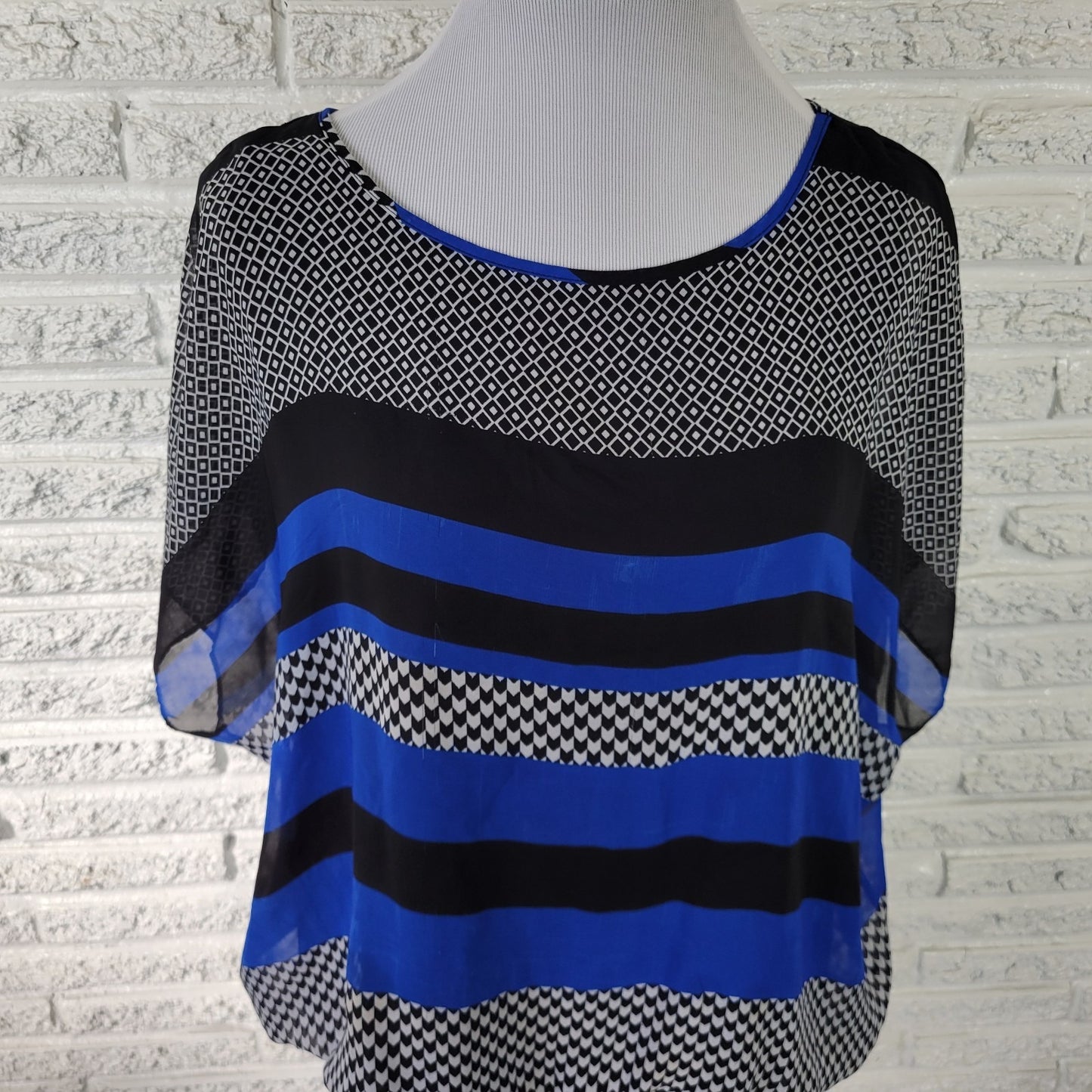 Alyx Women Top 1X Plus Sleeveless Blue Stripe Geometric Lined Casual Rayon Blend