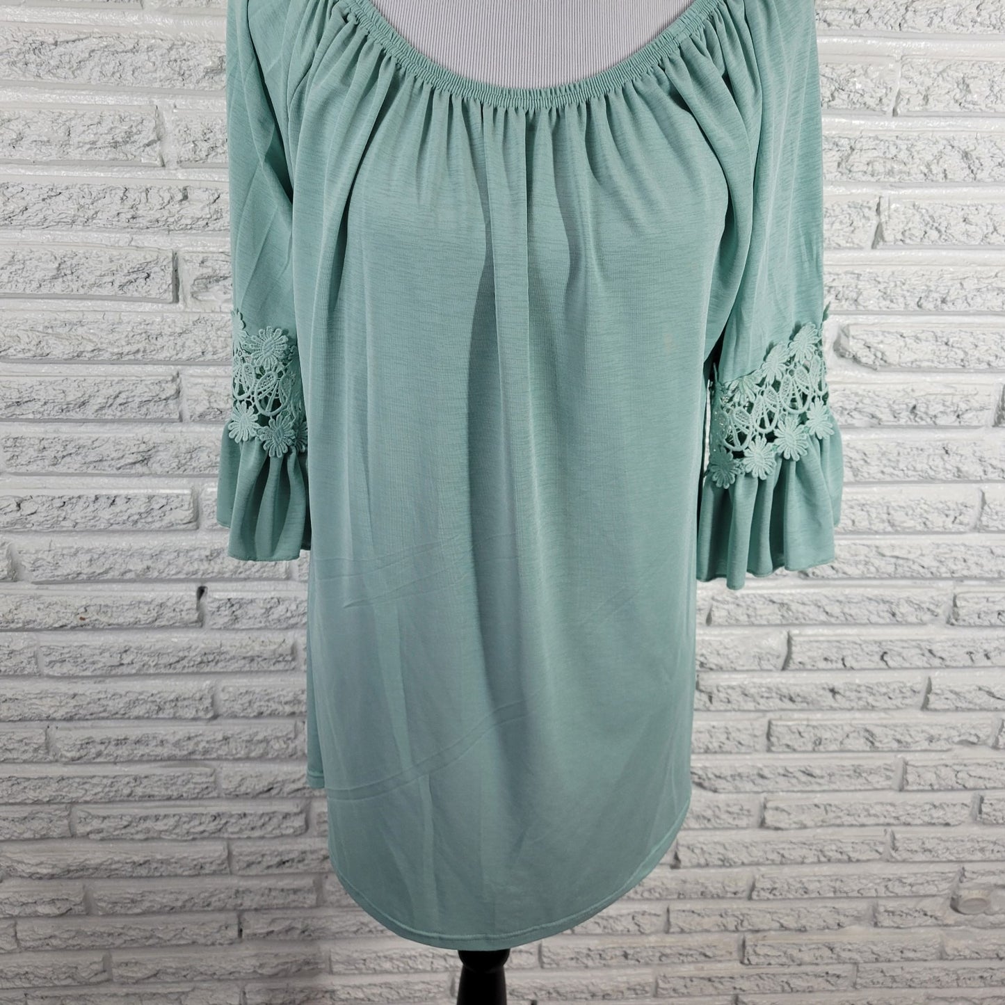 Win Win Womens Top L XL Tunic Bell Sleeve Blue On Off Shoulder Boho Festival