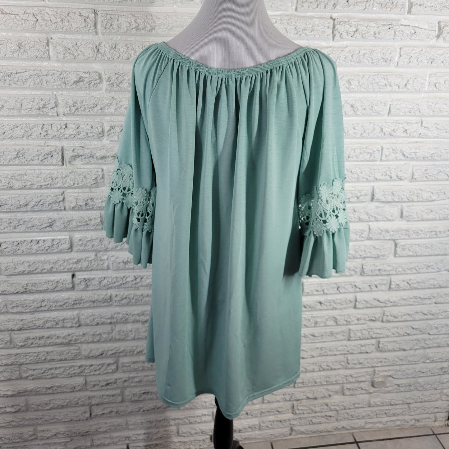 Win Win Womens Top L XL Tunic Bell Sleeve Blue On Off Shoulder Boho Festival