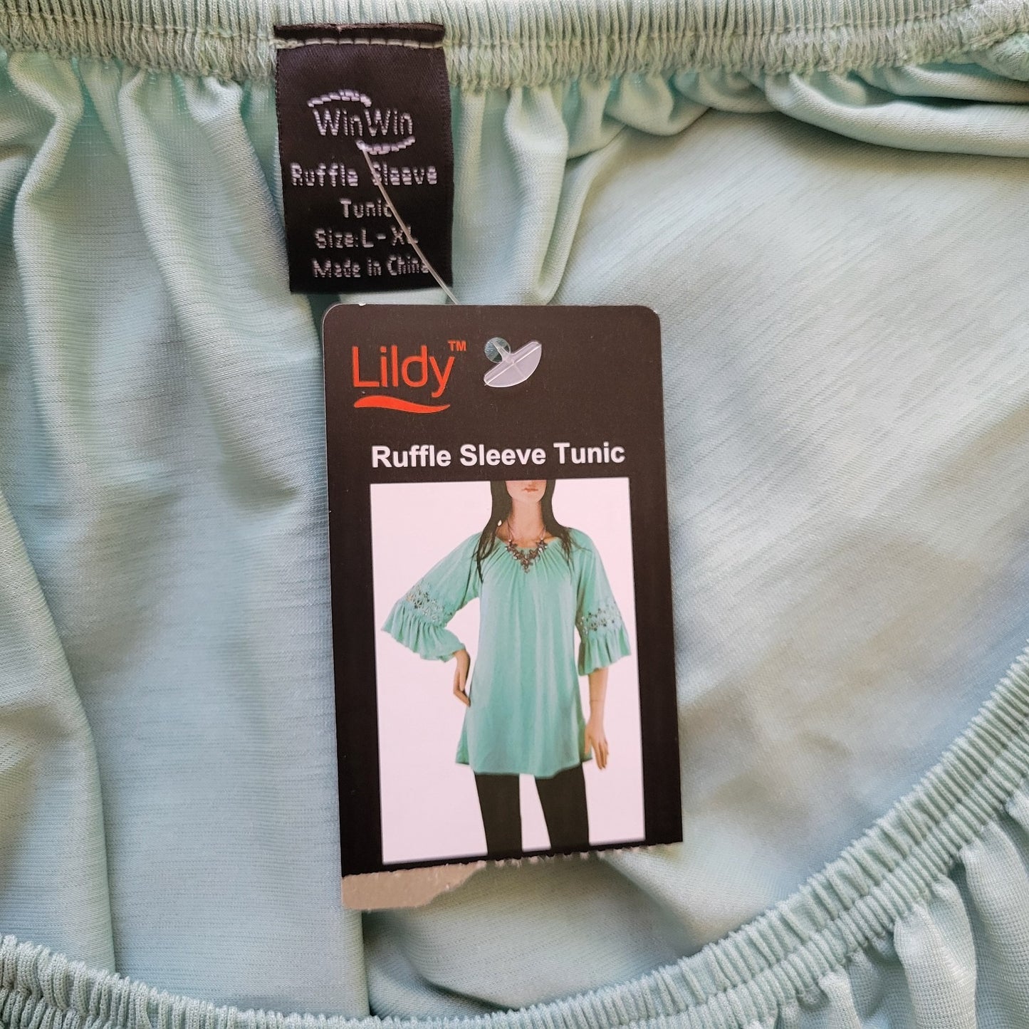 Win Win Womens Top L XL Tunic Bell Sleeve Blue On Off Shoulder Boho Festival