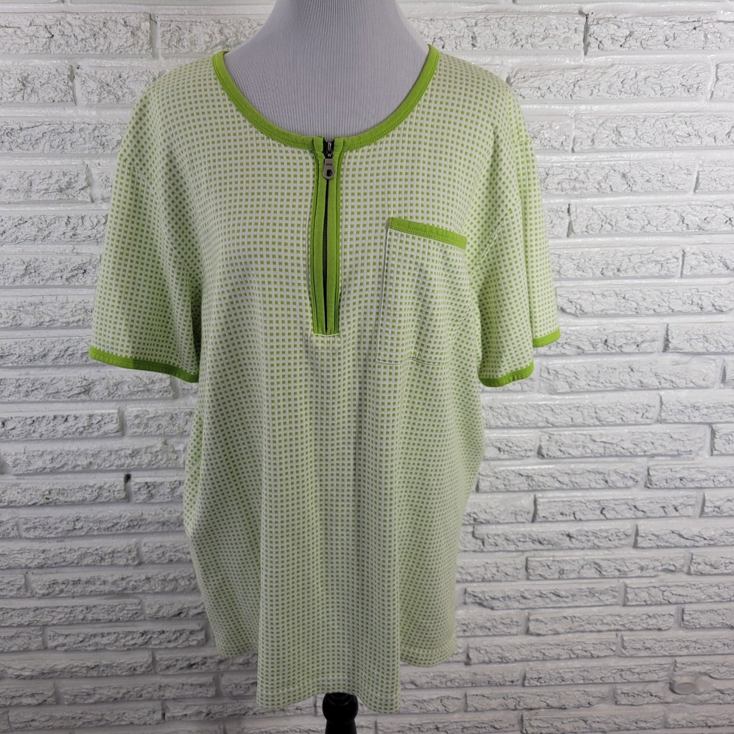 Elisabeth Liz Claiborne Womens Top 2 2X Plus Zip Up Green Tiny Squares Cotton