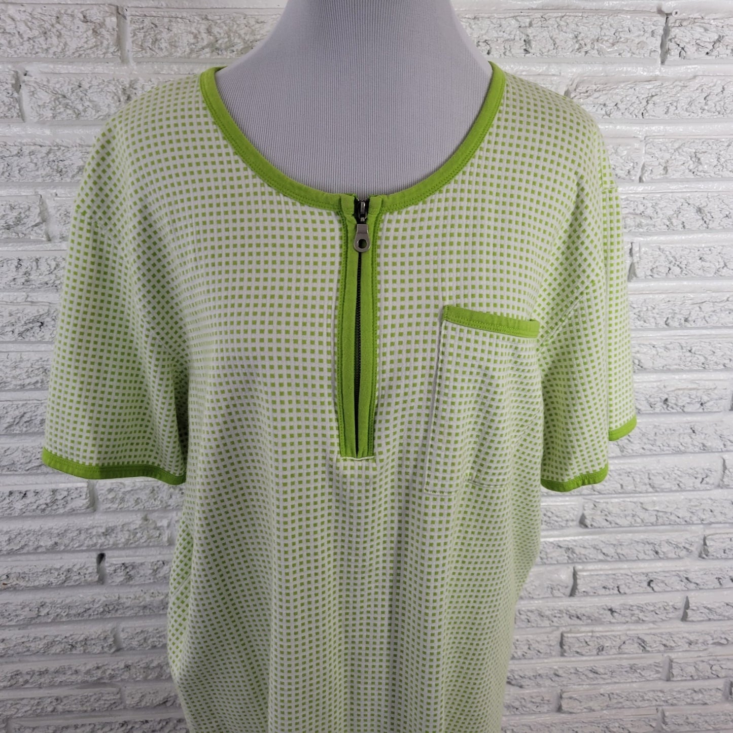 Elisabeth Liz Claiborne Womens Top 2 2X Plus Zip Up Green Tiny Squares Cotton