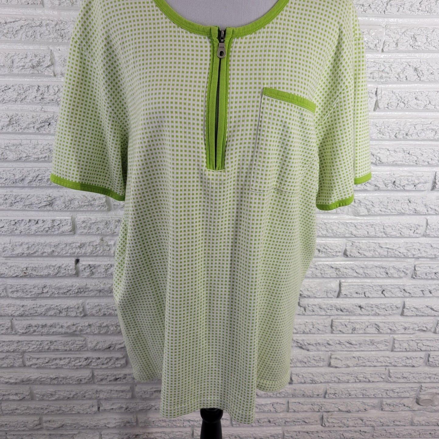 Elisabeth Liz Claiborne Womens Top 2 2X Plus Zip Up Green Tiny Squares Cotton