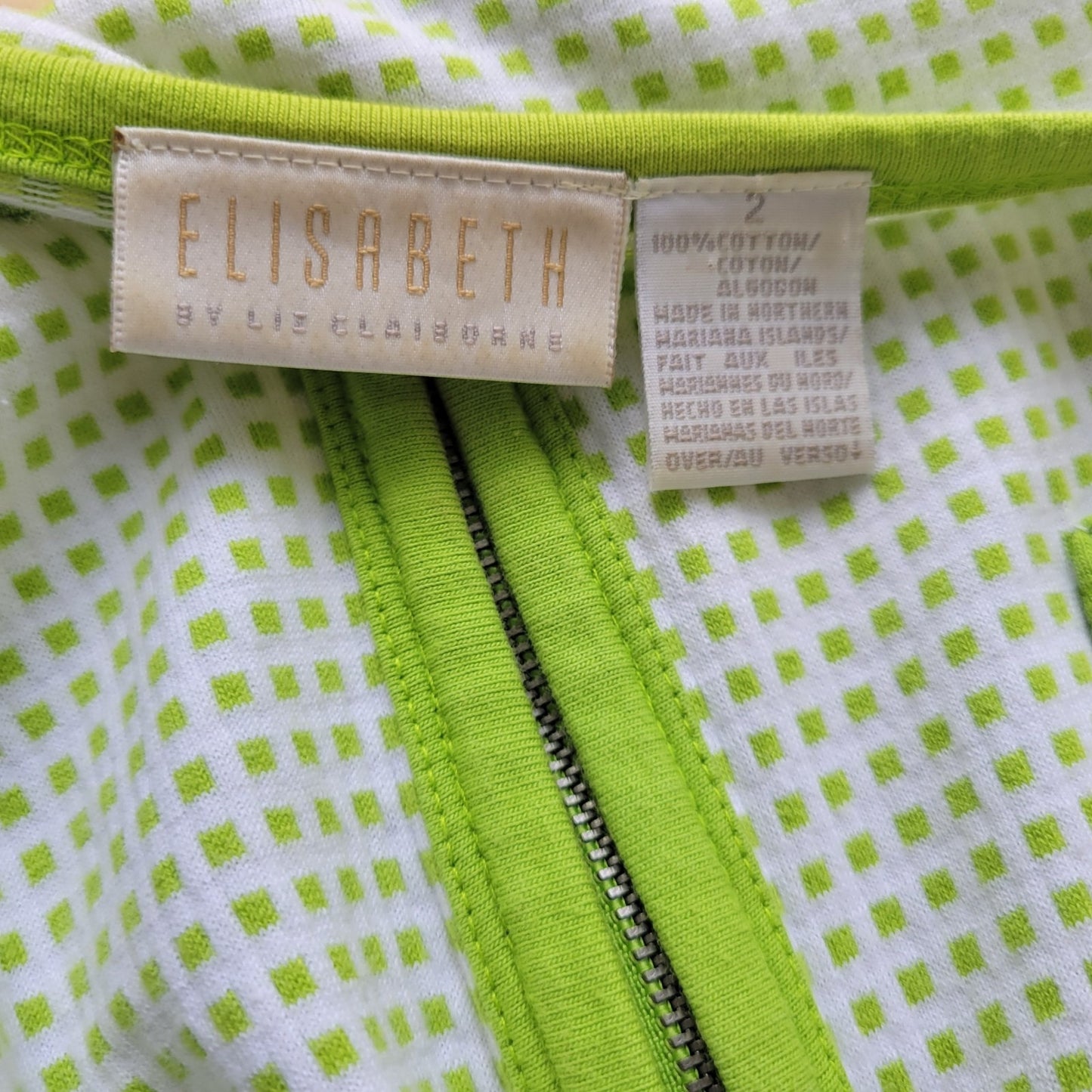 Elisabeth Liz Claiborne Womens Top 2 2X Plus Zip Up Green Tiny Squares Cotton