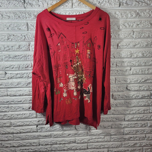 Christmas Jess Jane Womens Top 2X Tee Long Sleeve Poodle Terrier Dog Red Cotton