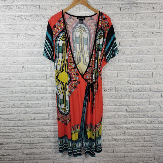 Ashley Stewart Women's 22/24 Plus Red Geometric Stretch Short Sleeve Midi Dress