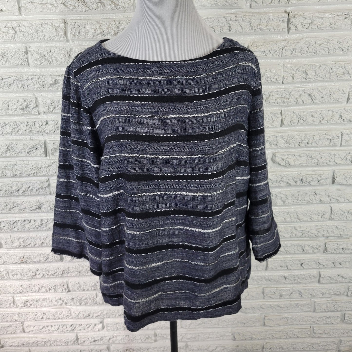 Pure Jill Womens Top XLP 3/4 Sleeve Woven Gray Stripe Lightweight Cotton Blend