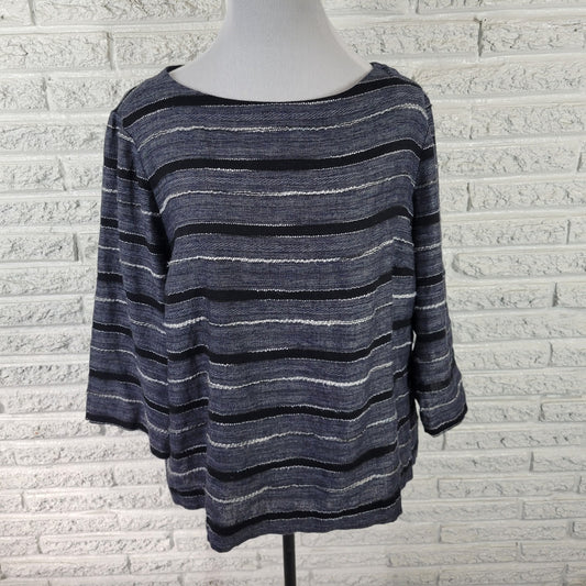 Pure Jill Womens Top XLP 3/4 Sleeve Woven Gray Stripe Lightweight Cotton Blend