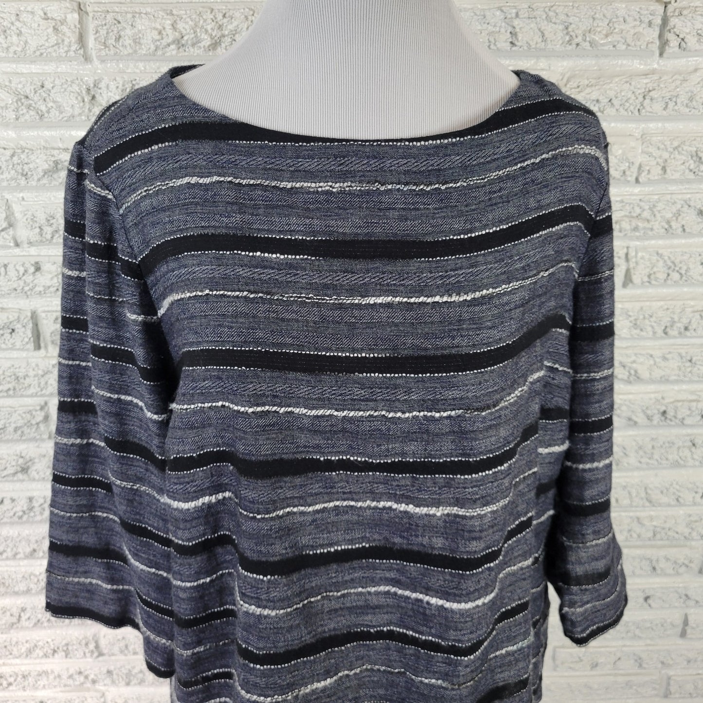 Pure Jill Womens Top XLP 3/4 Sleeve Woven Gray Stripe Lightweight Cotton Blend