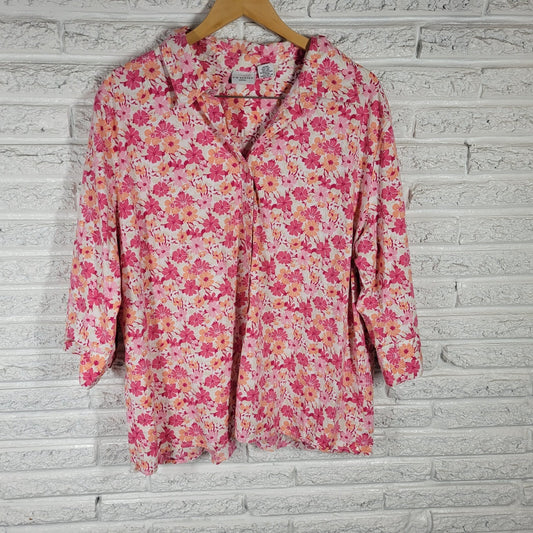 Kim Rogers Womens Top 3X Plus 3/4 Sleeve Pink Orange Floral Button Up Casual