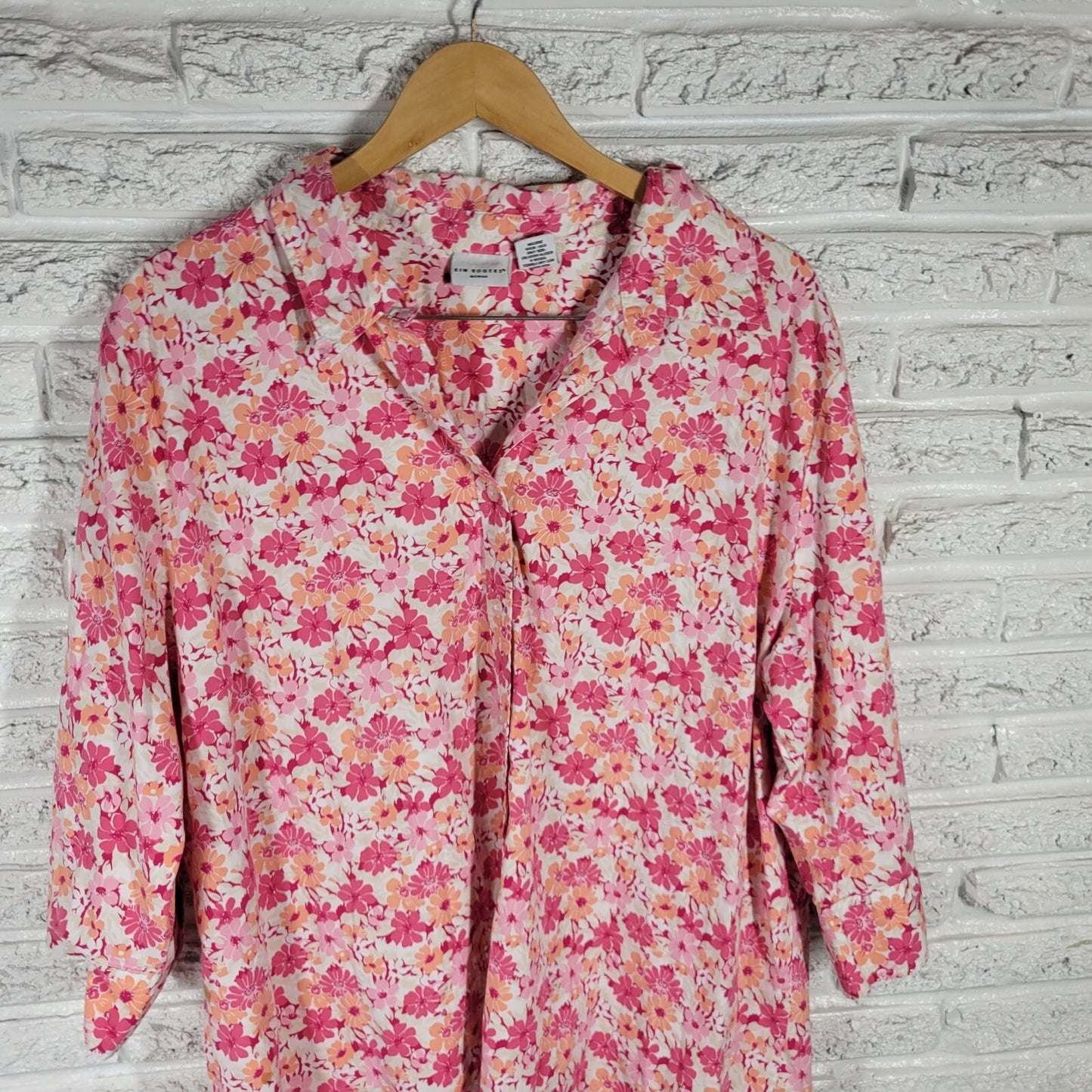 Kim Rogers Womens Top 3X Plus 3/4 Sleeve Pink Orange Floral Button Up Casual