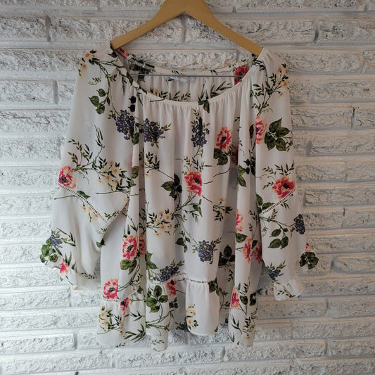 Fever Womens Top 1X Plus Double Bell Sleeve On Off Shoulder Pink Green Floral