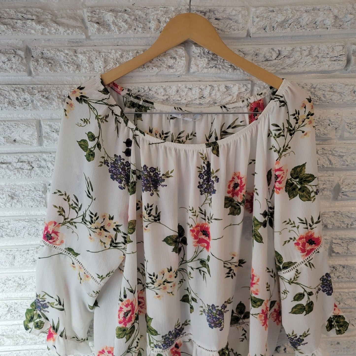 Fever Womens Top 1X Plus Double Bell Sleeve On Off Shoulder Pink Green Floral