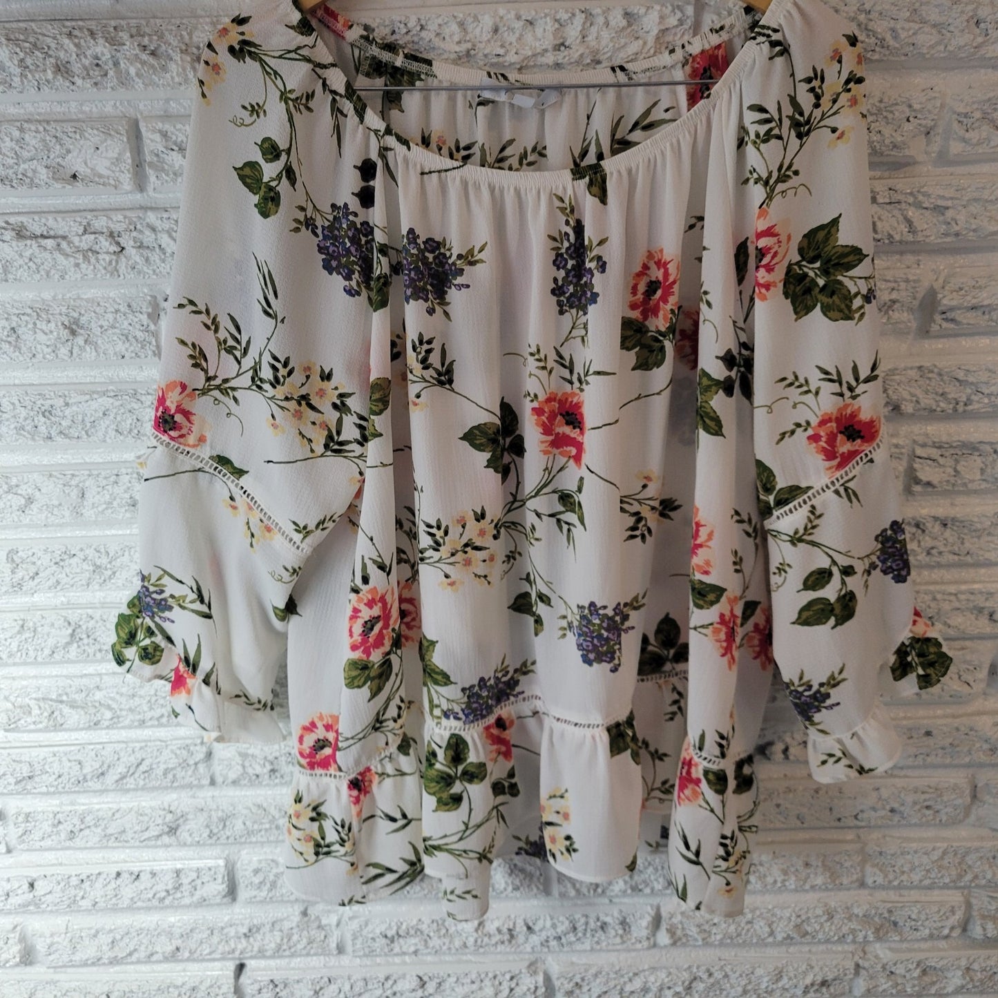 Fever Womens Top 1X Plus Double Bell Sleeve On Off Shoulder Pink Green Floral