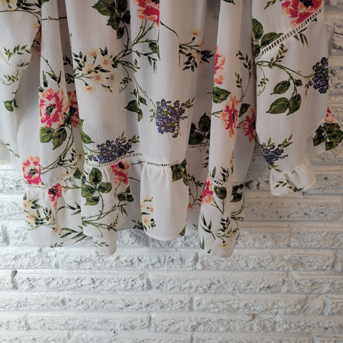 Fever Womens Top 1X Plus Double Bell Sleeve On Off Shoulder Pink Green Floral