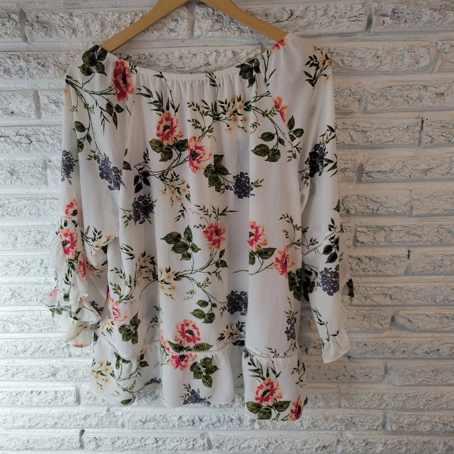 Fever Womens Top 1X Plus Double Bell Sleeve On Off Shoulder Pink Green Floral